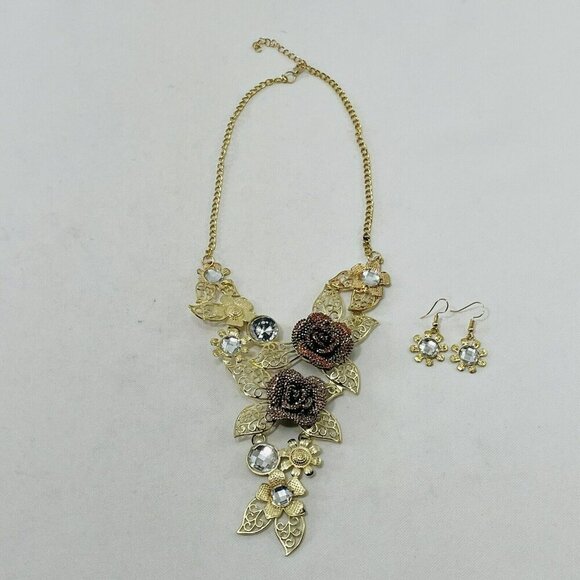 Rose Flower Necklace Earrings Matching Set Statement Gold Tone Chunky Retro Big - Picture 3 of 12